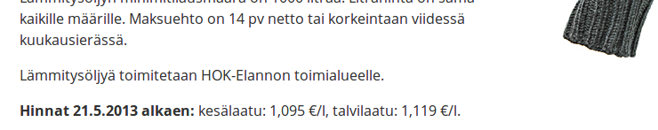 Lämmitysöljyn vertailuhinta kesämyllerryksessä